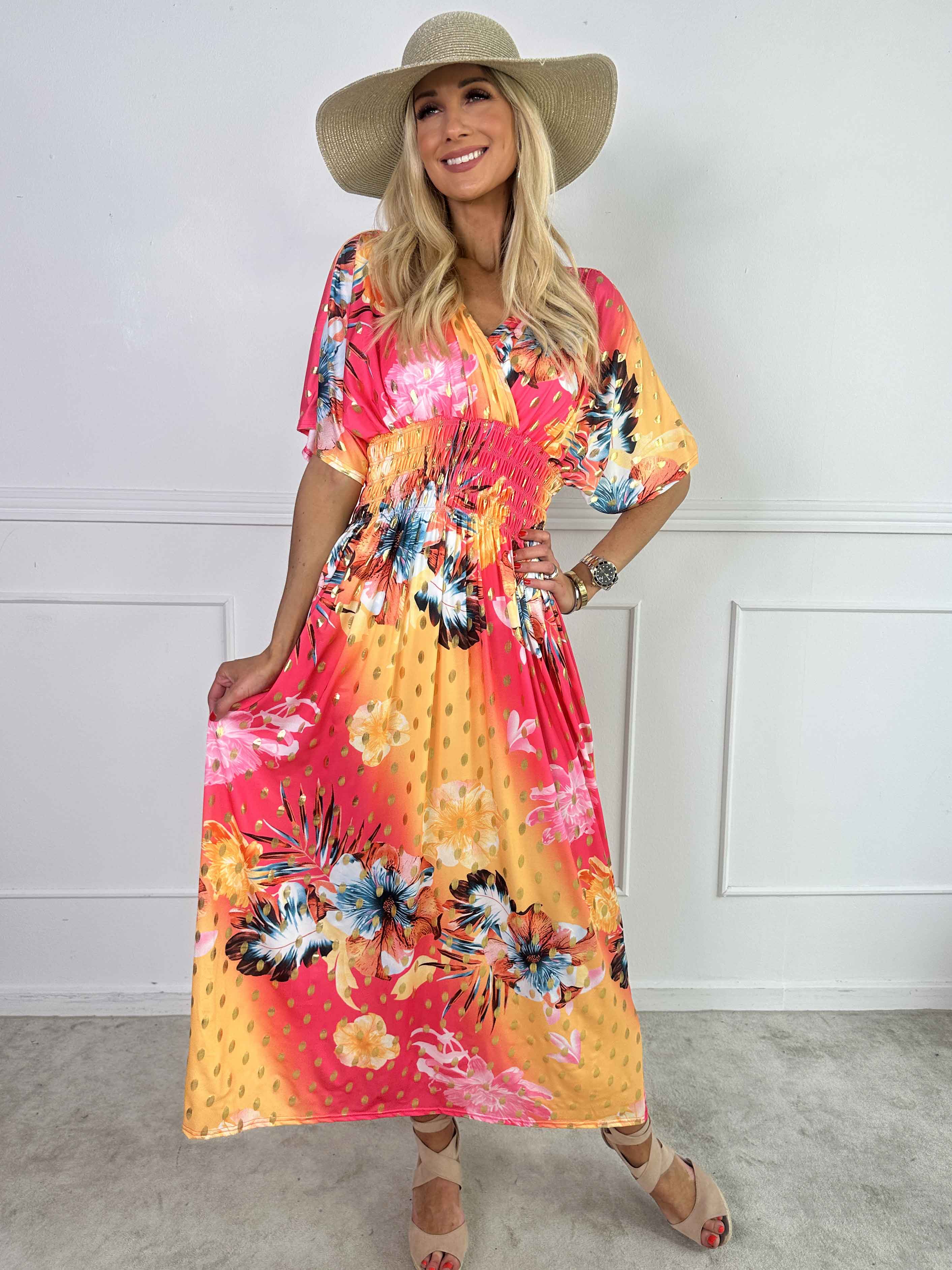 Pams Hawaii - Lång klänning i stretchtyg med blommönster